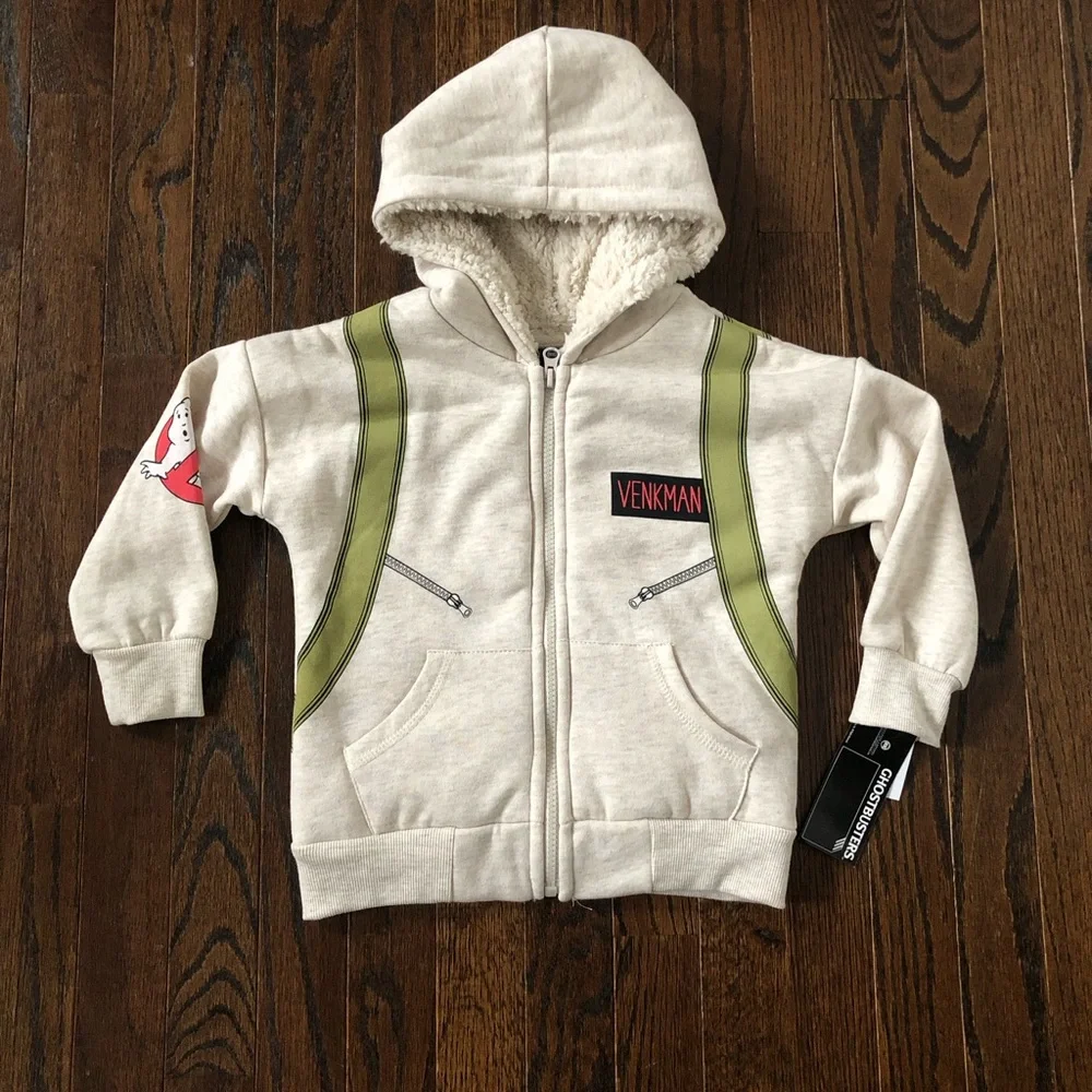 Ghostbusters Boys 3T Beige/Green Venkman Sherpa Lined Hooded Full-Zip Sweatshirt - Picture 1 of 13
